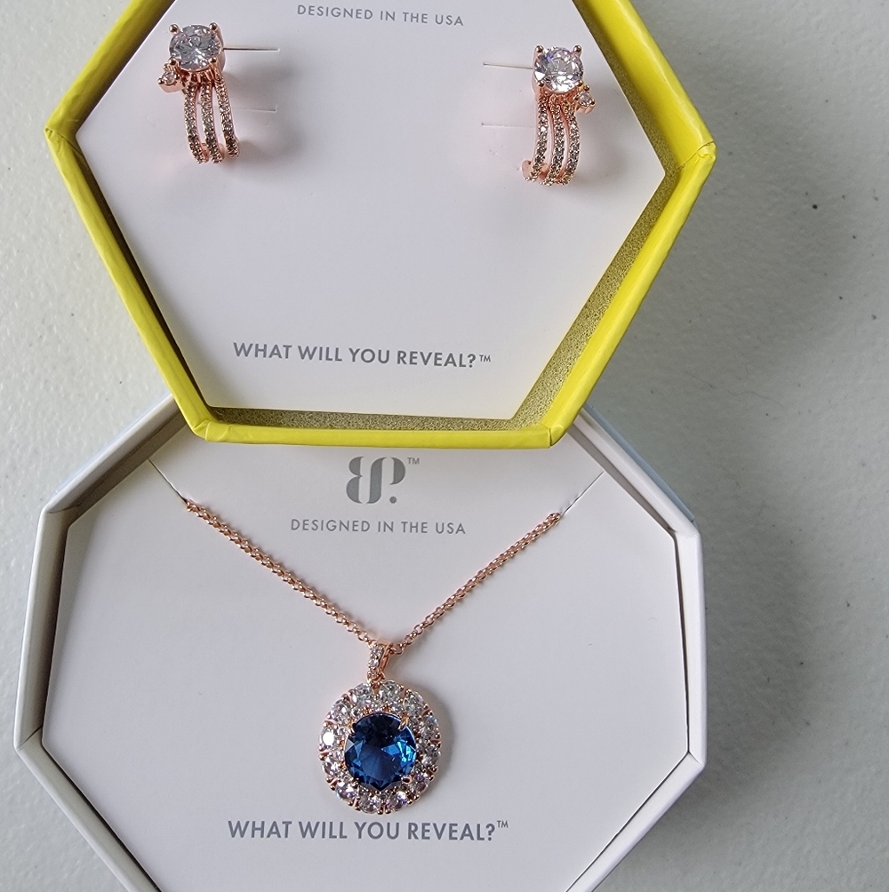 Bomb Party Rose Gold CZ Aqua Blue Spinel Necklace & Earring Set Removable Jacket